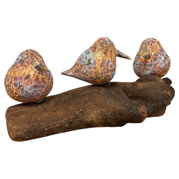 Three Painted Abstract Birds on root