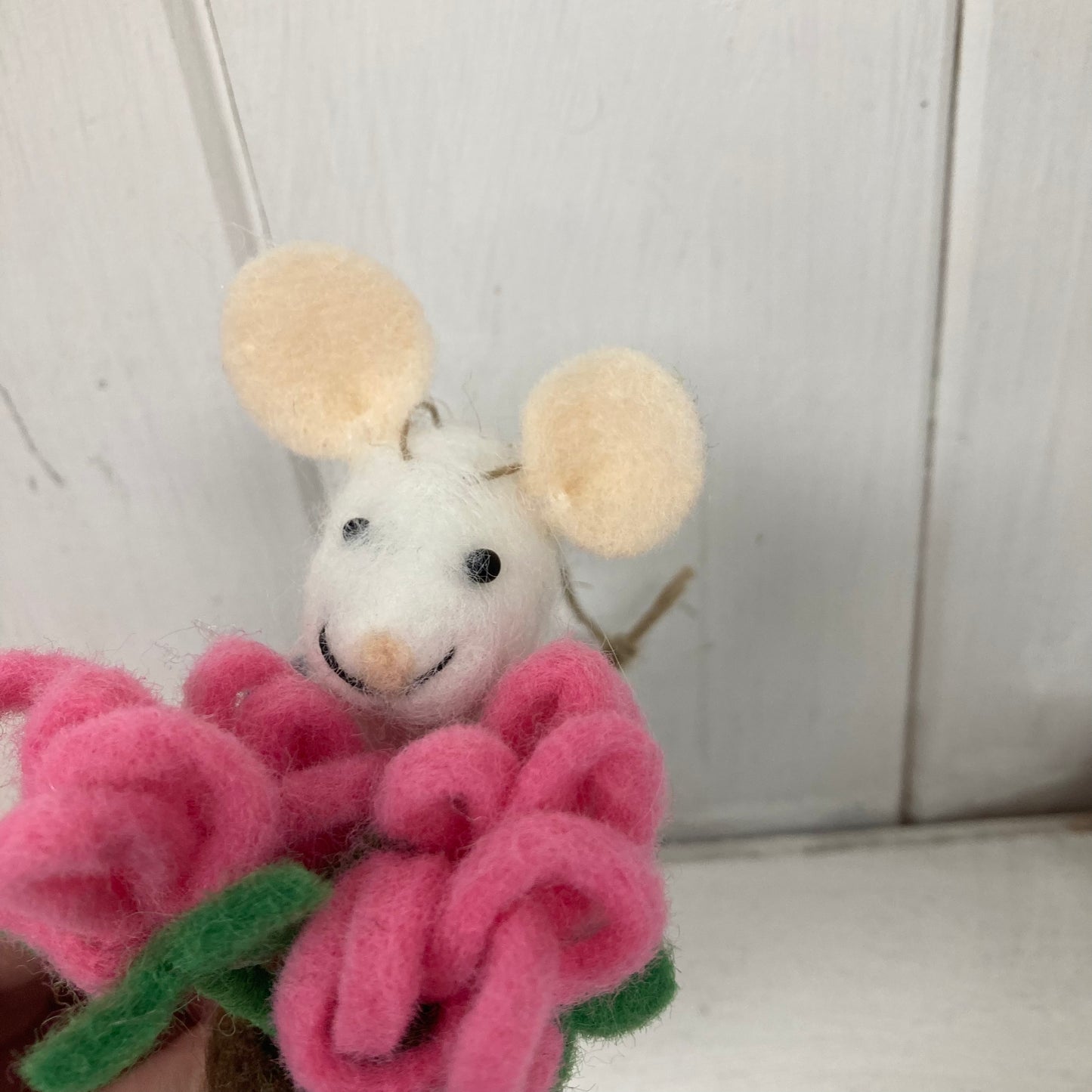 Felt Mouse in Dungarees Holding Flowerpot