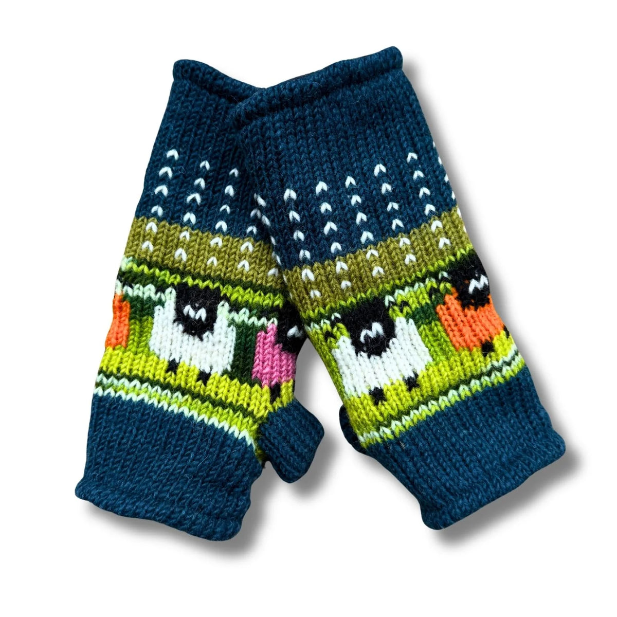 Teal and Green Sheep Wrist Warmers (100% Hand Knitted Wool)