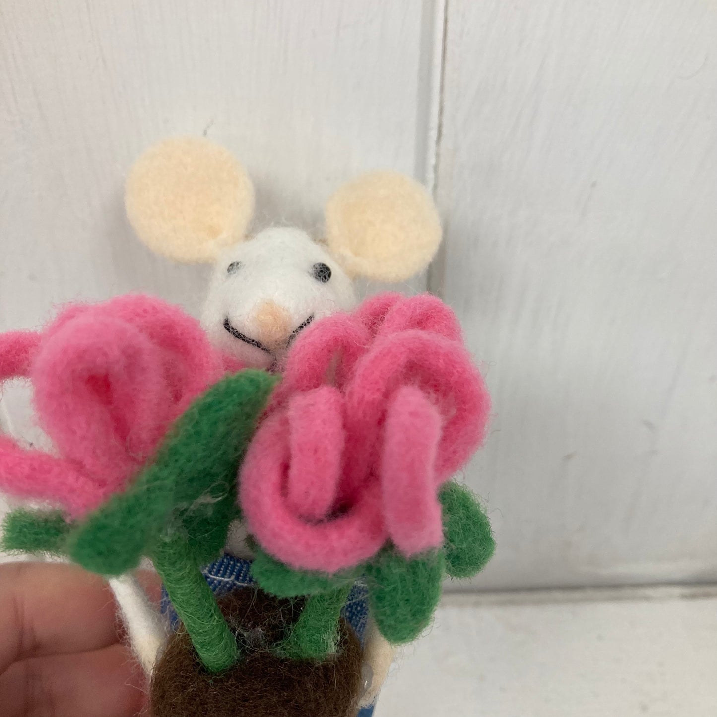 Felt Mouse in Dungarees Holding Flowerpot