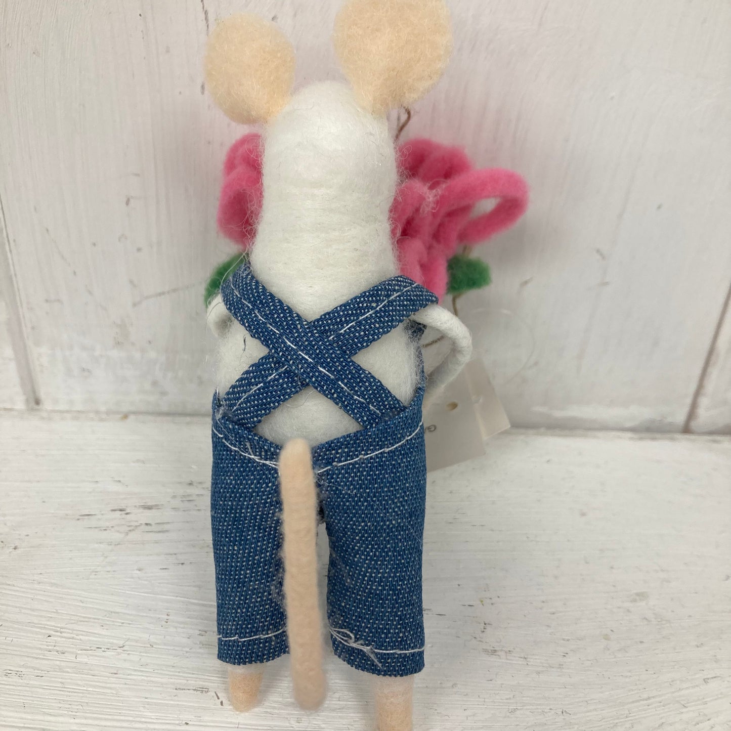 Felt Mouse in Dungarees Holding Flowerpot
