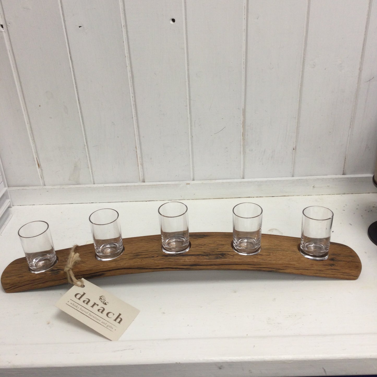 Five Shot Glasses on Whisky Barrel