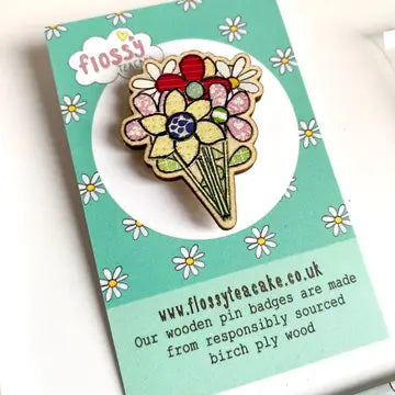 Flower Bouquet Wooden Pin Badge