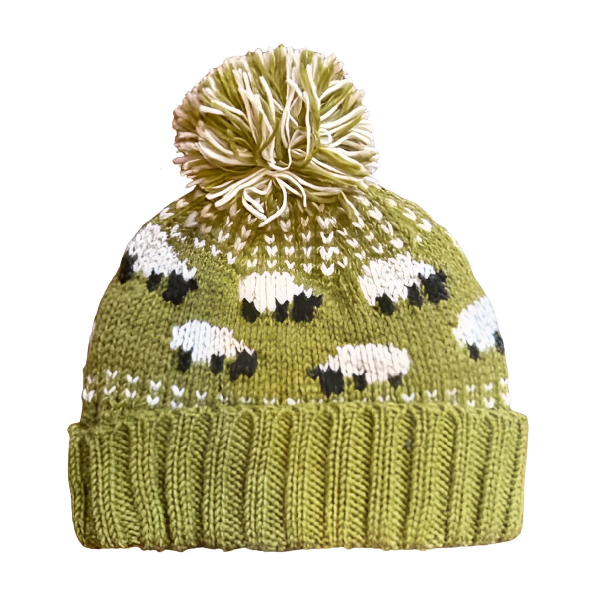 Green Sheep Bobble Hat (100% Hand Knitted Wool)
