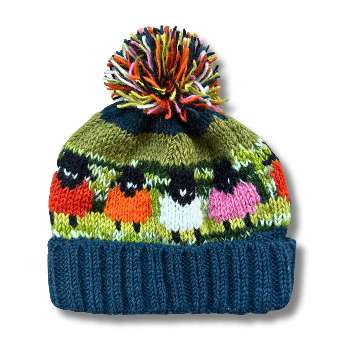 Teal and Green Multi Sheep Bobble Hat (100% Hand Knitted Wool)
