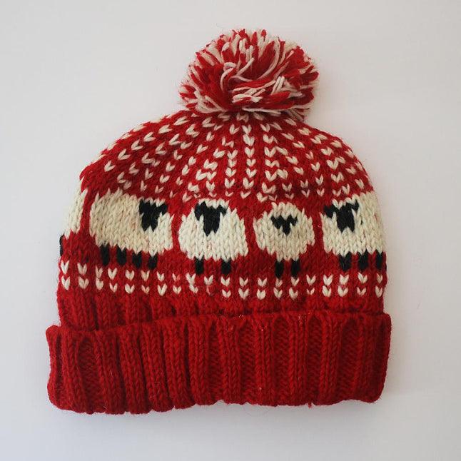 Red Sheep Bobble Hat (100% Hand Knitted Wool) - The Coast Office